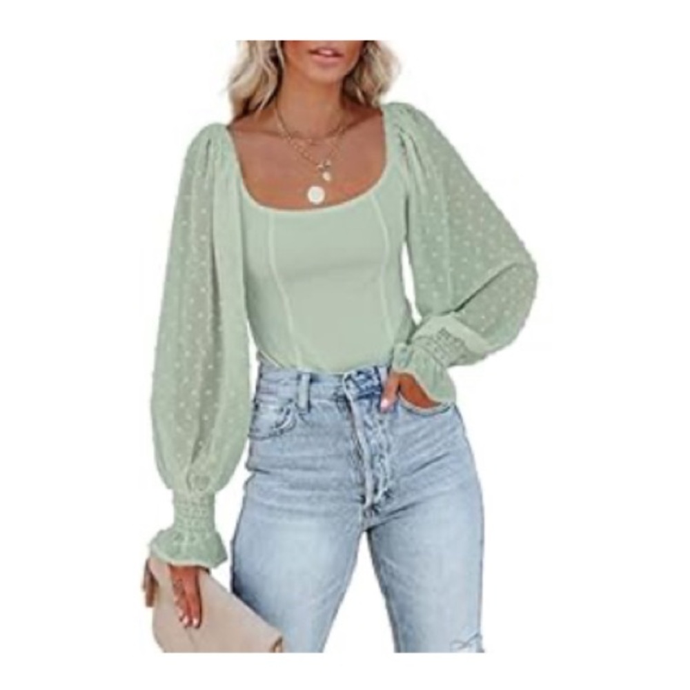 Women's Mesh Long Sleeve Puff Blouse